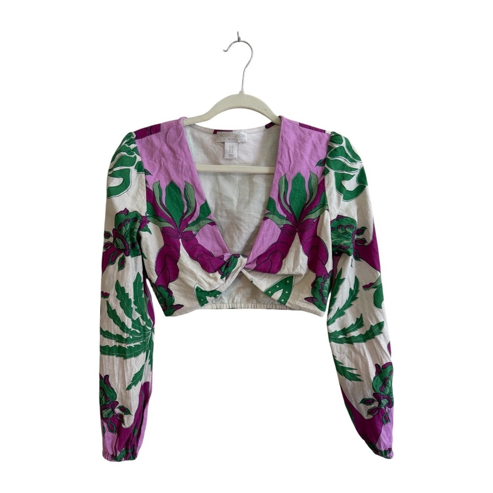 Caroline Constas Tropical Crop Top M Purple Green Floral Linen Blend Deep V-Neck